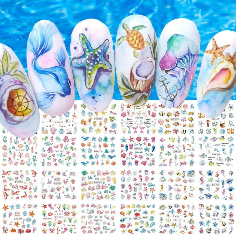 winthrop 36 Sheets Summer Nail Art Stickers, Ocean Anchor Water Transfer Nail Decals, Shark Seashell Sea Turtle Design DIY Manicure Decorations for Girls Women - Image 1